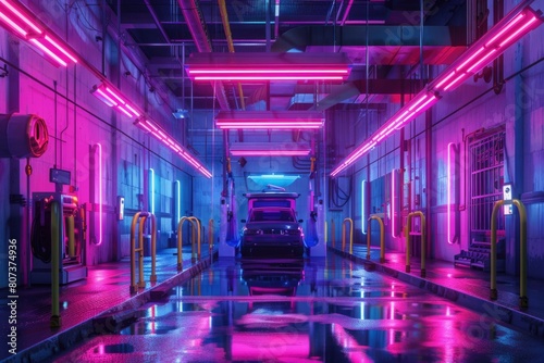 A car is parked in a garage with neon lights. Perfect for automotive or nightlife concepts