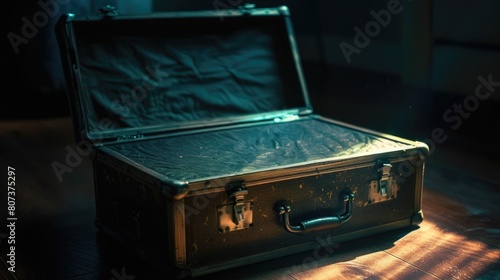 Vintage suitcase placed on rustic table. Suitable for travel concept designs