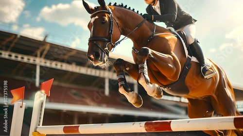 Equestrian Show Jumping in Action at a Sunny Outdoor Event. Athletic Horse and Rider Make a High Jump. Exciting Sports Photography with Dynamic Movement. AI
