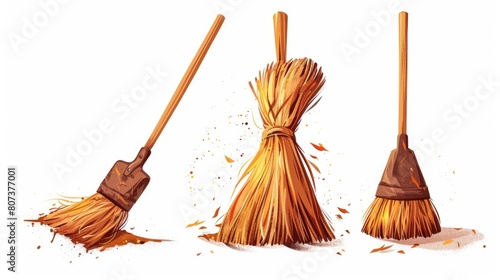 Four brooms on a clean white surface, versatile for various cleaning themes