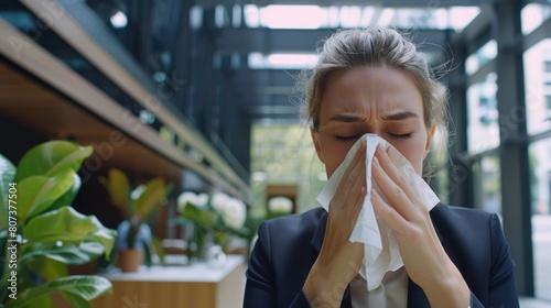 A woman blowing her nose with a tissue. Suitable for medical or cold-related concepts