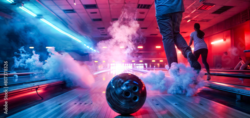 A bowling ball is rolling down a lane with smoke coming from it