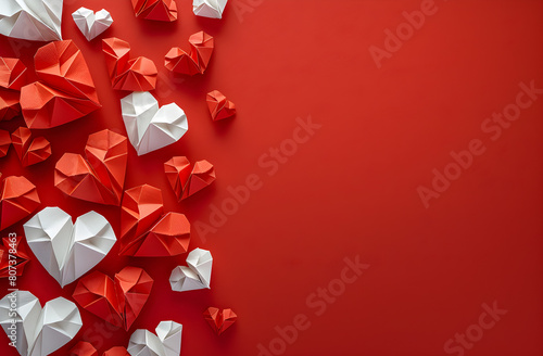 Bright paper origami hearts in red and white colors on a red background with space for text. Suitable for Valentine's Day, wedding invitations, Mother's Day, and greeting card design.