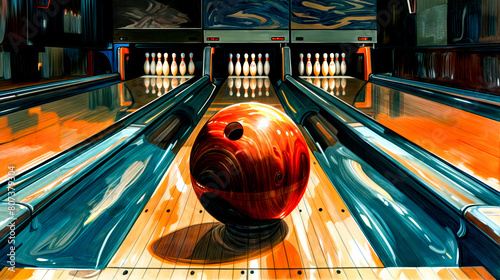 A bowling ball is on the lane in a bowling alley