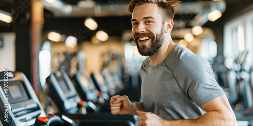 A young handsome muscular smiling man running on a treadmill at the gym