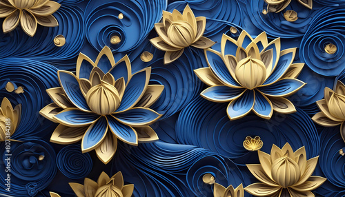 Navy blue and gold lotus floral, a paper filigree floral, 3d illustration.