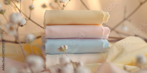 Stack of pastel colored clothing and soft cotton flowers.