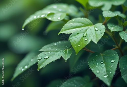 Green leaves with water droplets on a blurred background