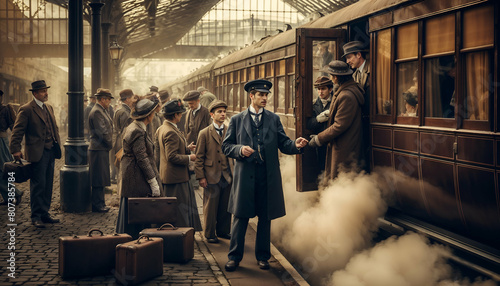 Steam Train Conductor Helping Passengers Board at Bustling Station, Early 20th Century Vintage Travel Scene