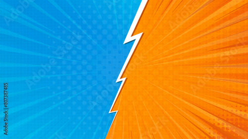 Pop art retro comic background. Abstract cartoon cover with versus lightning. Blue and orange vs frames for manga book. Vector EPS 10