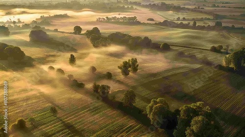 Piencourt, Normandy, France. Aerial view of fields and trees under with fog in rural France at dawn