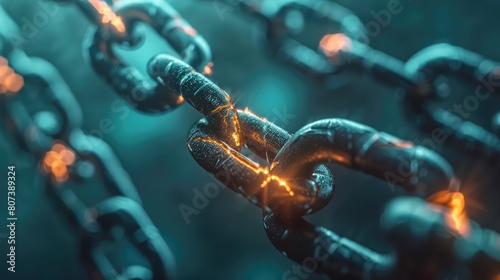 Interlocking metallic links form a chain, symbolizing the interconnectedness of data in the digital age. Yet, a single, glowing link cracks open, representing the ever-present vulnerability to cyber