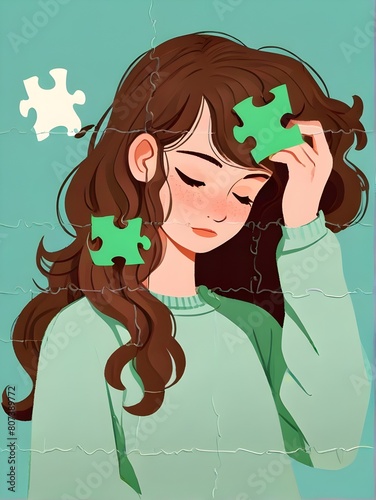 Flat lay view of a woman in green sweatshirt taking puzzle pieces out of curly hair. Fun chaos. Woman solving puzzle. Illustration. Generative AI