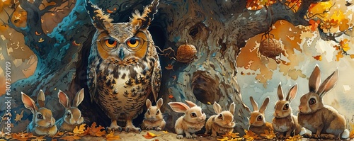 A colorful illustration of a wise old owl wearing glasses, lecturing a group of young rabbits on history, in front of a large, ancient tree