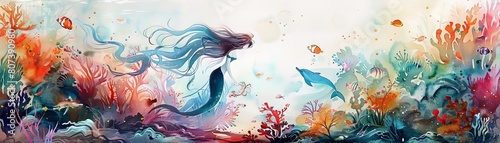 A magical underwater scene featuring a mermaid with shimmering scales and flowing hair, conversing with colorful fish and dolphins near a coral reef