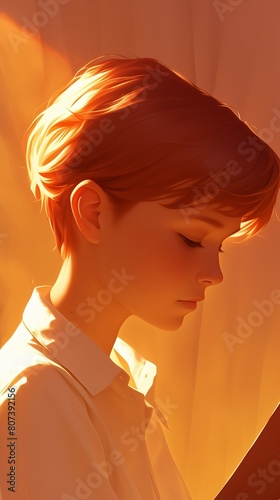 Young Caucasian boy reading warm orange glow focus digital art profile
