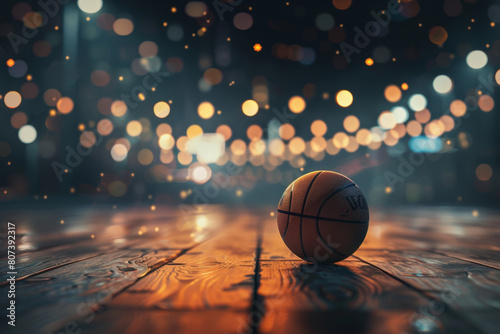 3d rendering of basketball ball on the wooden court with spotlights in dark background. Concept for sport competition, championship or match