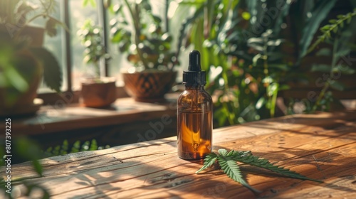 promote natural hemp extract with a cbd oil bottle and dropper on a wooden table, showcasing organic and pure ingredients