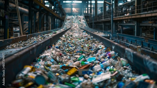 Conveyor belt carrying a stream of recycled materials in a recycling plant, emphasizing waste management and sustainability. Concept of recycling, sustainability, and waste management. 