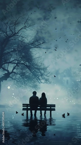 A couple sits on a bench in a park, surrounded by a surreal landscape with a dark, stormy sky and a bright, shining moon.