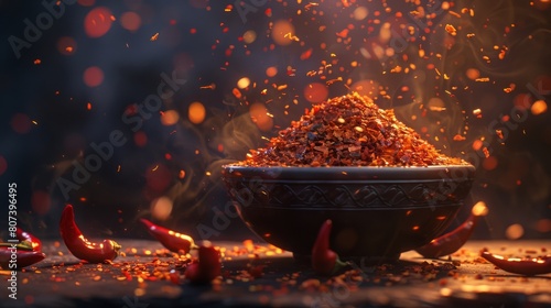 Spicy red chili flakes in a bowl with scattered whole chilies around, illuminated by warm light, representing the essence of hot and spicy cuisine. Concept of spice, cuisine, and heat.