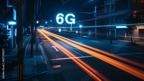 Neon Nights: 6G Wireless Network Speed in Urban Cityscape, High-speed Mobile 6g Network, Next Generation Of Networks, Neon Sign: Blazing Fast 6G Symbol