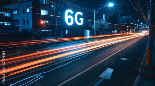 Neon Nights: 6G Wireless Network Speed in Urban Cityscape, High-speed Mobile 6g Network, Next Generation Of Networks, Neon Sign: Blazing Fast 6G Symbol