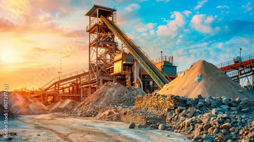 Industrial mining facility at sunset with machinery and gravel piles, showcasing large-scale operations and resource extraction. Concept of mining, industry, and natural resources. 