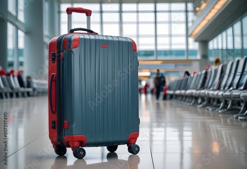 A hardside suitcase with a telescoping handle and wheels, standing in an airport