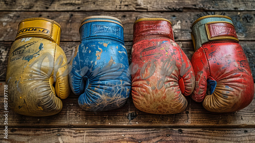 Four boxing gloves are displayed on a wooden surface