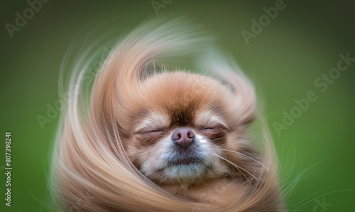 a brown dog with long hair in the air doing a goofy face