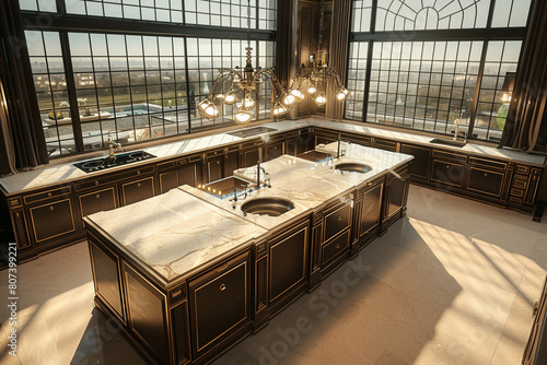  A 3D-rendered luxury American kitchen with dual islands, each with its own sink and seating area, set against a backdrop of floor-to-ceiling windows