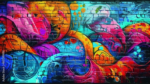 colorful and intricate graffiti art on brick wall, embodies urban street art concept