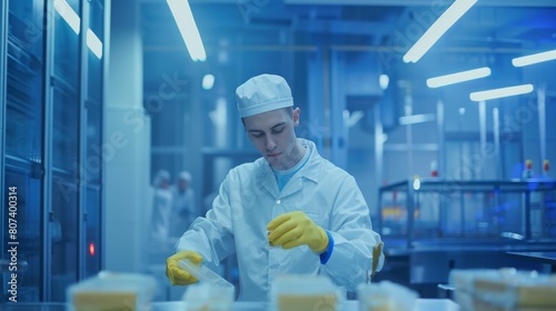 Cheese production worker in a sterile environment carefully handling cheese blocks, representing precision and hygiene in the food industry. Concept of food safety, manufacturing, and quality control.