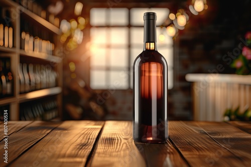 A bottle of wine is sitting on a wooden table in a dimly lit room
