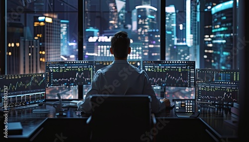 Intense trader concentrating on screens, immersed in a glow from multiple monitors, reflecting deep focus in a detailed trading setup with strategic lighting.