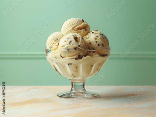 Une coupe glacée en verre avec des boules de glace saveur menthe chocolat, vanille cookie avec des copeaux de chocolat à l'intérieur, fond vert et moulure