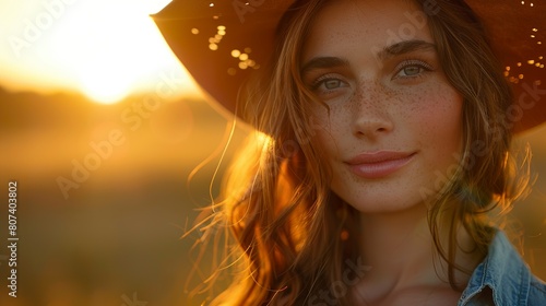 Beautiful charming young cowgirl under the golden light of sunset. Cowgirl with fine features and long hair wearing a hat.