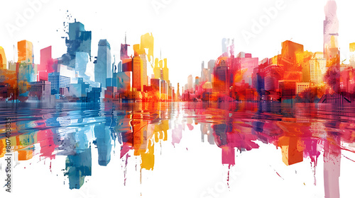 Cityscape made from colorful paint splash isolated on a transparent background, PNG, Ai