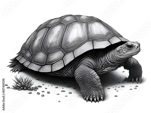 Ilustración hecha a mano con lápiz negro de una tortuga sobre un fondo blanco. Vista de frente y de cerca. AI Generativa