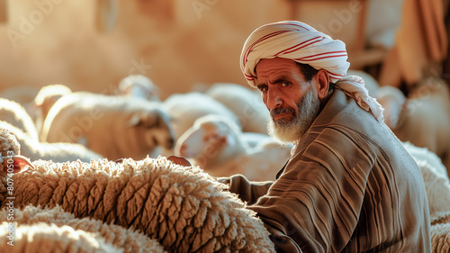 Muslim man sitting in sheep farm, taking care of animals, fur, Eid Mubarak