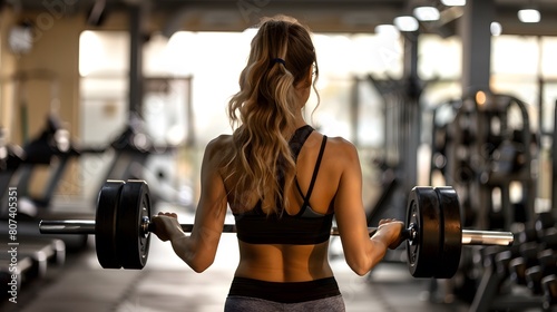 Back view of sporty slim woman holding heavy weight in gym