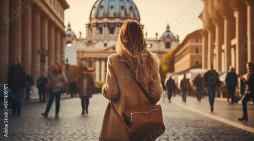 Stylish woman walks on the street on background of saint Peter's cathedral in Rome. Concept of italian lifestyle and travel