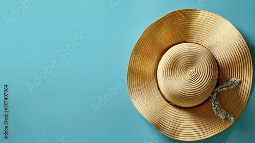 Summer and vacation flat lay with woman straw hat on blue background.