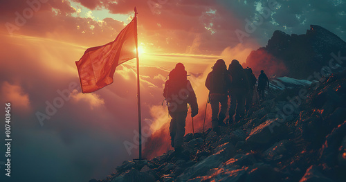 Summit Success: Four Adventurers Conquer Red-Flagged Mountain at Sunset. Generated by AI