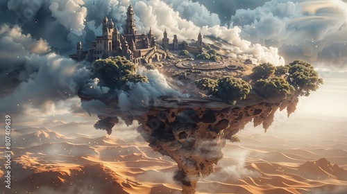 Majestic Floating Castle Above Desert Landscape with Clouds and Sunbeams