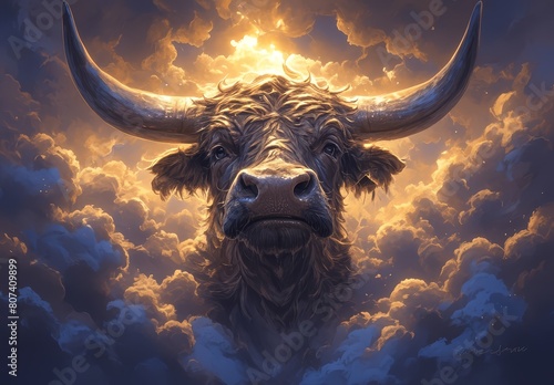 A cow with big eyes and horns is standing in the sky, with dark clouds behind it. 