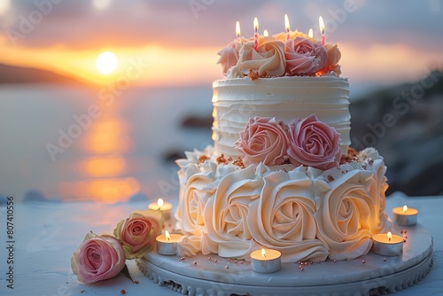 A beautiful two tiered birthday cake with candles on top, pink and white rosettes with gold accents, elegant quilt pattern design, the background shows Greek islands in Greece at sunset
