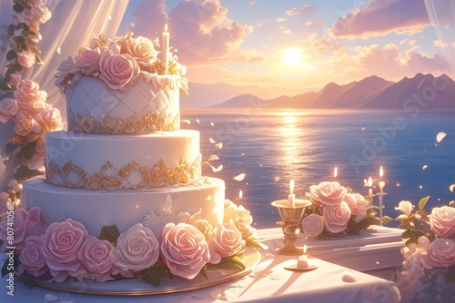 A beautiful two tiered birthday cake with candles on top, with pink and white rosettes with gold accents, the, the background shows Greek islands in Greece at sunset