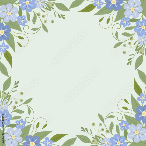 Dekoracyjne jasne zielone tło z niezapominajkami. Kwiatowy wzór, elegancka ozdoba na kartki z życzeniami do wykorzystania na Dzień Matki, wesele, rocznice lub inną uroczystość.